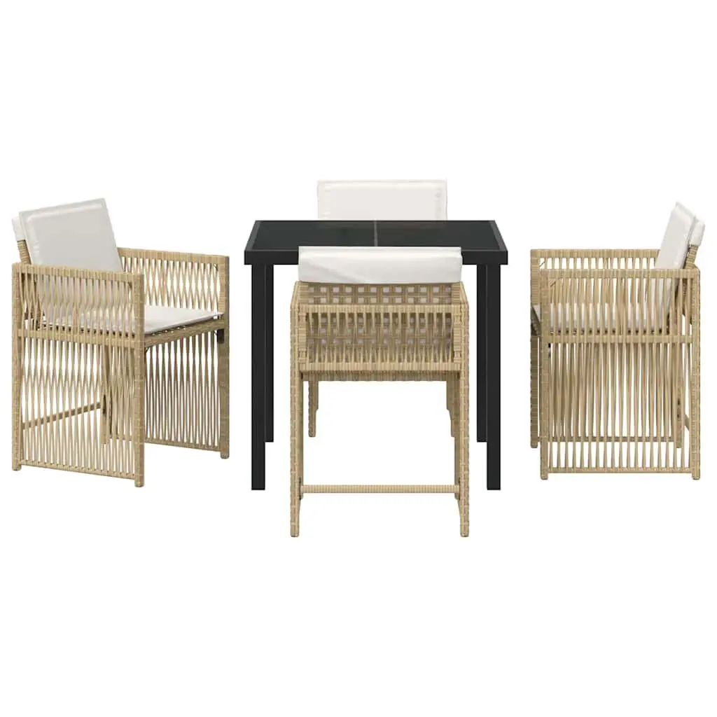Outdoor Furniture Dining Set 5 Pieces Beige Poly Rattan Table and Cushioned Chairs for Patios and Terraces
