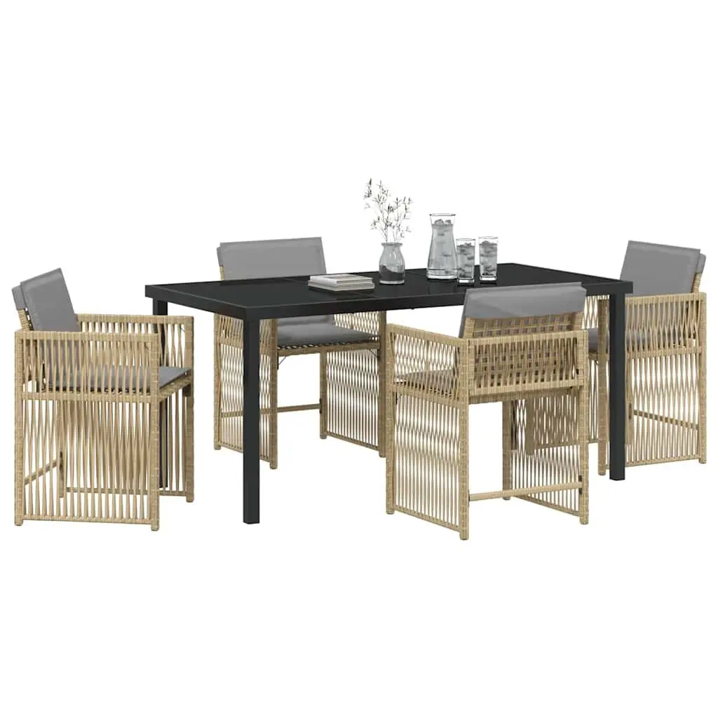 Garden Dining Set 5 Piece Outdoor Furniture Beige Poly Rattan Table with Glass Surface and Four Chairs