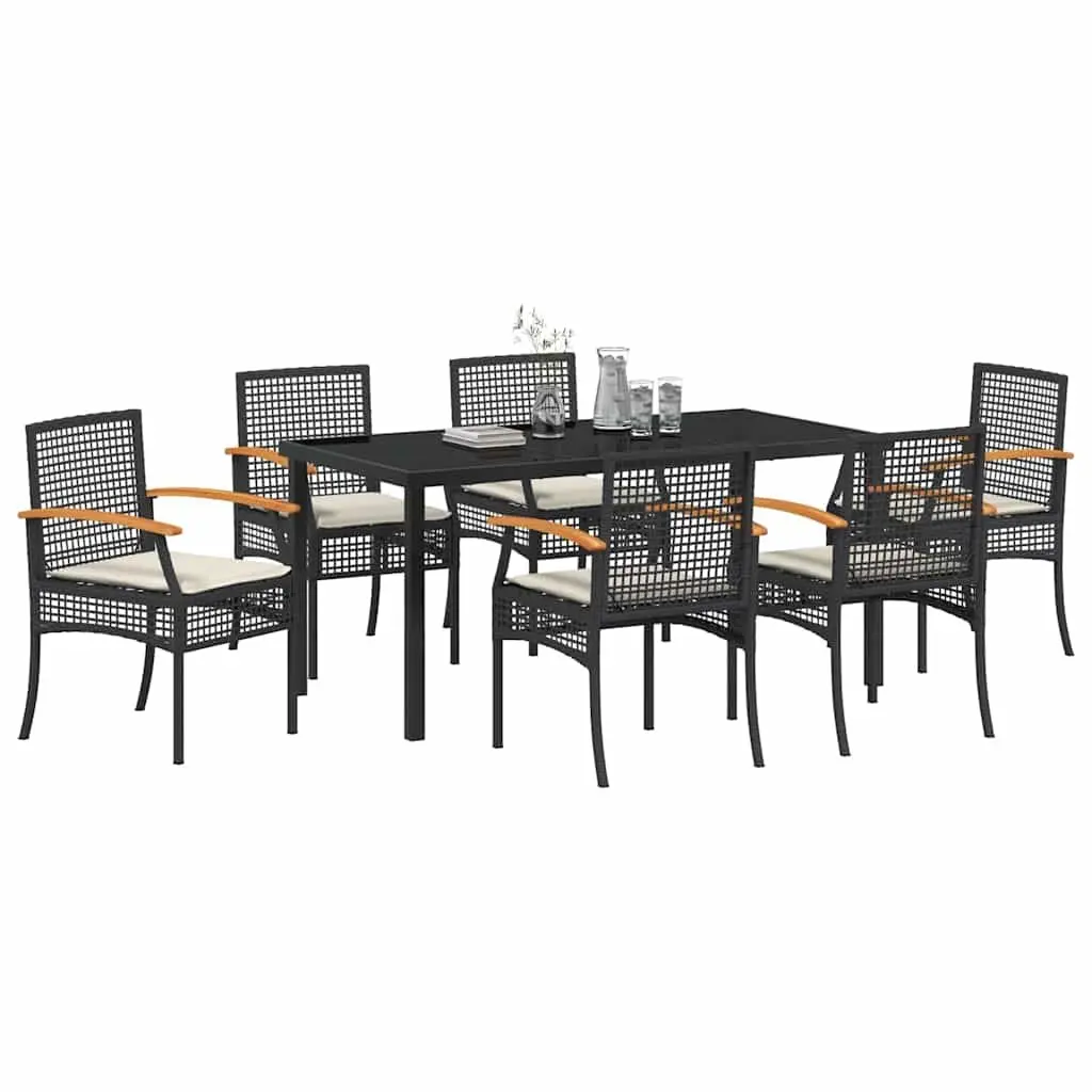 Rattan Patio Dining Set 7 Piece with Black Glass Top Table and Weather Resistant Chairs