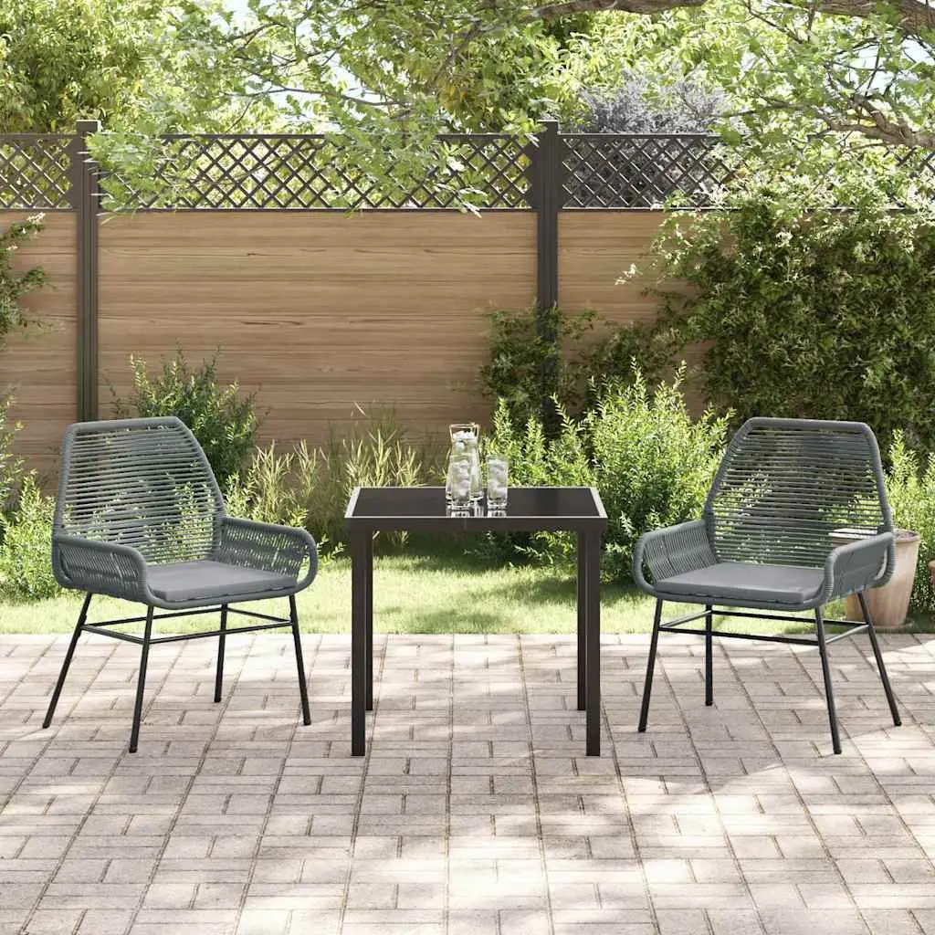 Garden Dining Set Grey Poly Rattan 3 Piece with Cushions and Black Tempered Glass Table for Outdoor Patio Use