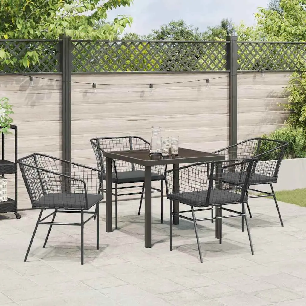 Outdoor Dining Set 5 Piece Black Poly Rattan Garden Furniture with Glass Tabletop and Powder-coated Steel Frame