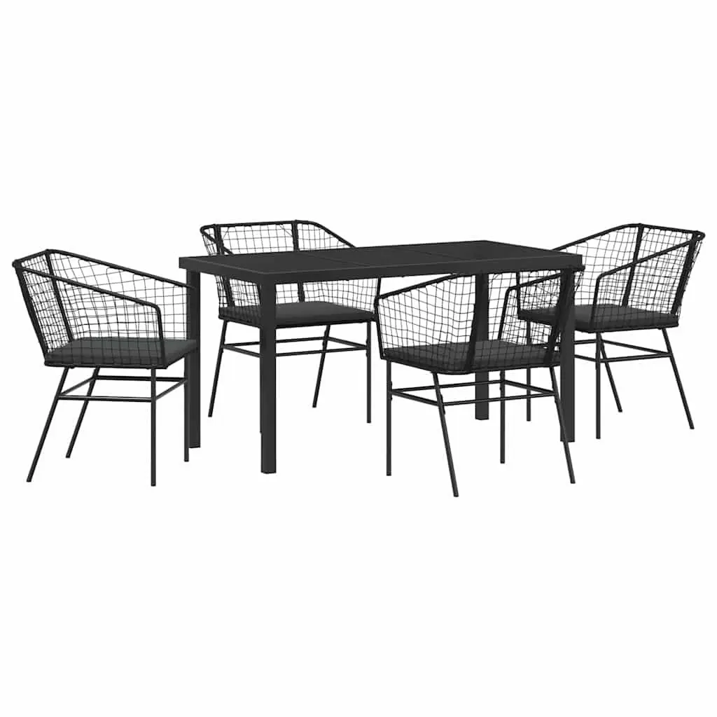 Garden Dining Set 5 Pieces Black Glass Top Poly Rattan Steel Frame Outdoor Furniture