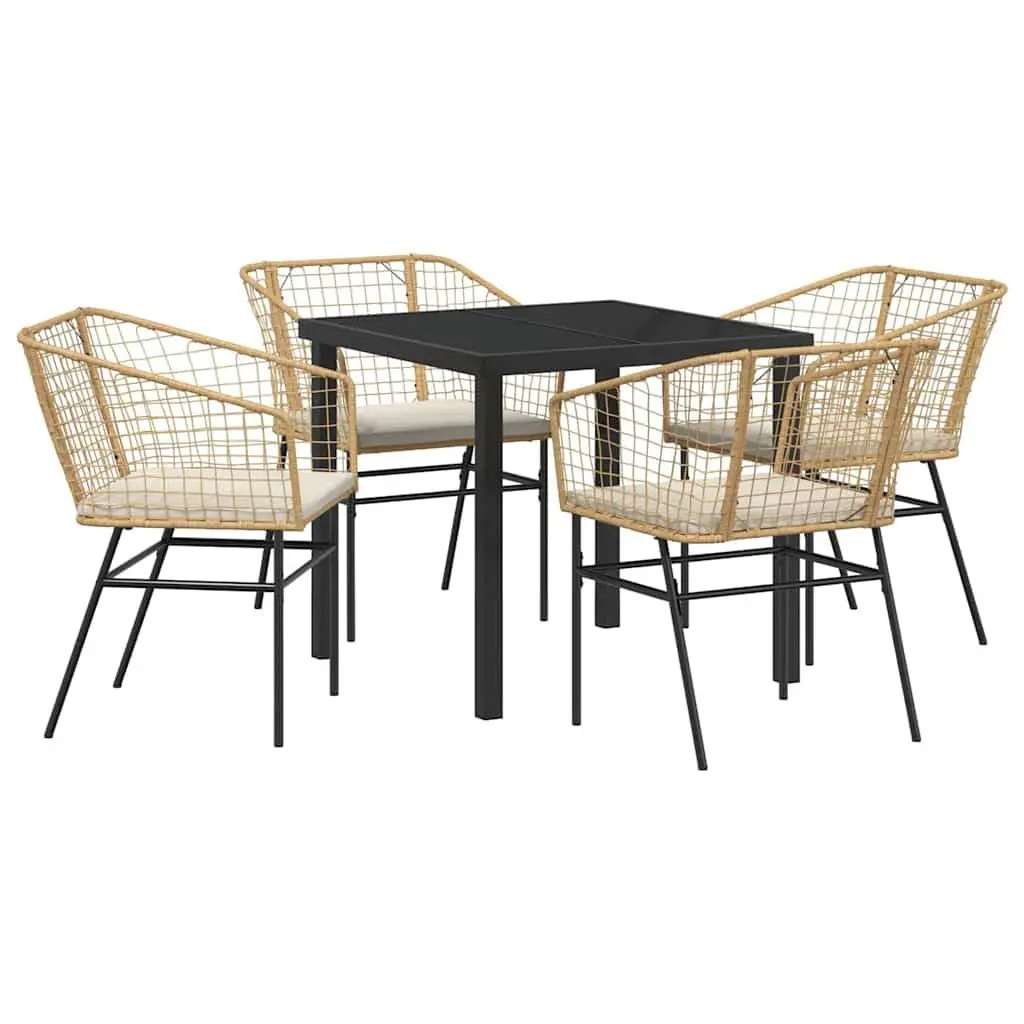 5 Piece Outdoor Dining Set Brown Poly Rattan Patio Furniture Table with Glass Top and Armrest Chairs