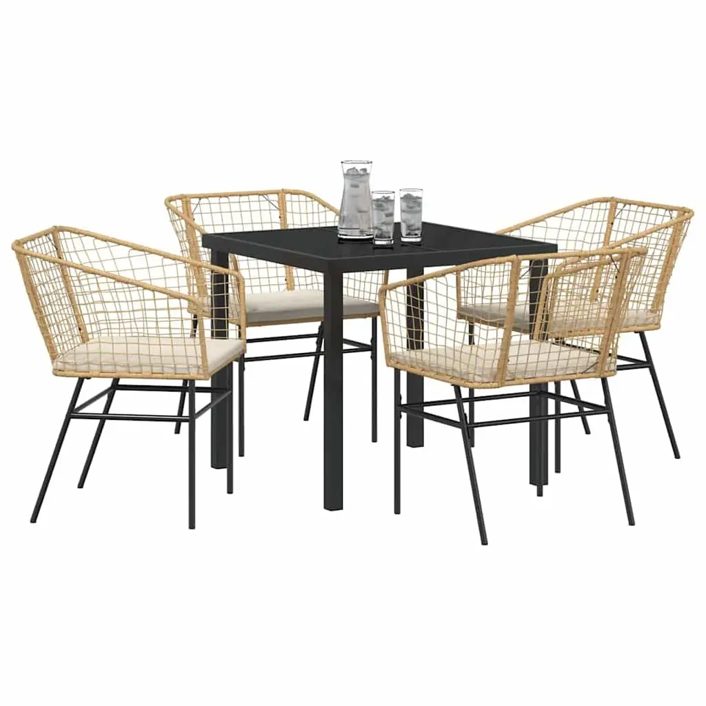 5 Piece Outdoor Dining Set Brown Poly Rattan Patio Furniture Table with Glass Top and Armrest Chairs