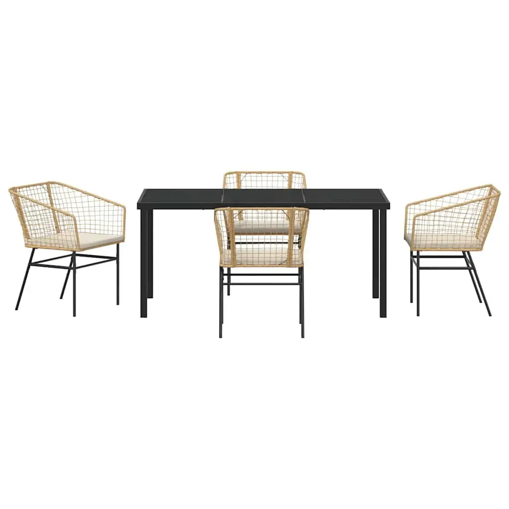 5 Piece Garden Dining Set Brown Glass Top Poly Rattan Outdoor Furniture
