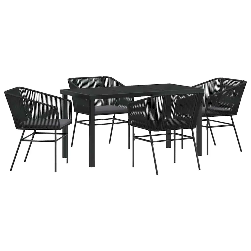 Garden Dining Set 5 Piece Rectangular Tempered Glass Table Black Steel Frame Cushioned Seating