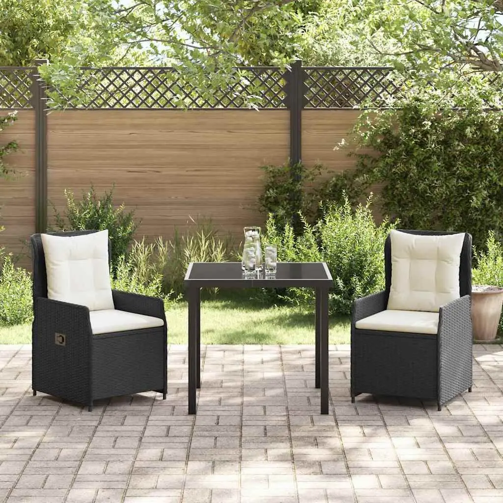 Garden Dining Set 3 Pcs Black Poly Rattan Outdoor Furniture Adjustable Backrest