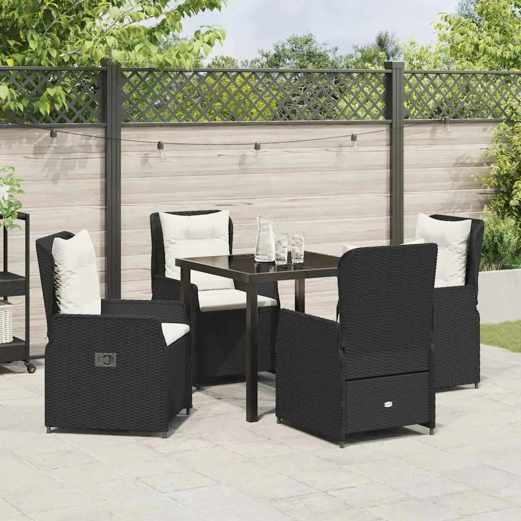 Outdoor Dining Set 5 Piece Black Poly Rattan Table with Tempered Glass Top and Adjustable Backrest Chairs