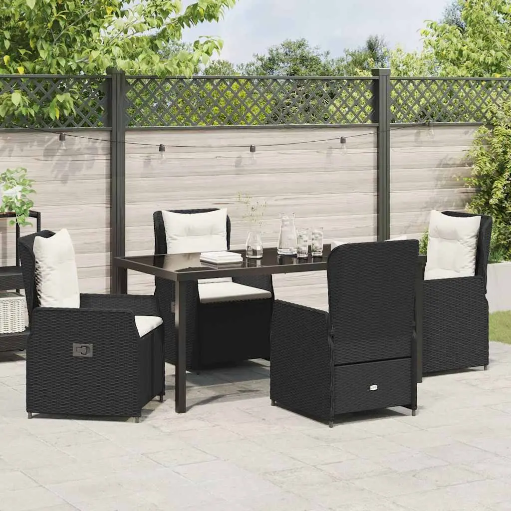 Outdoor Dining Set 5 Piece Black Poly Rattan Table with Tempered Glass Top and Adjustable Chair Backrests