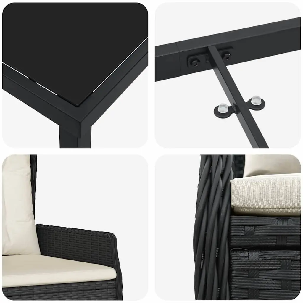 Outdoor Dining Set 5 Piece Black Poly Rattan Table with Tempered Glass Top and Adjustable Chair Backrests