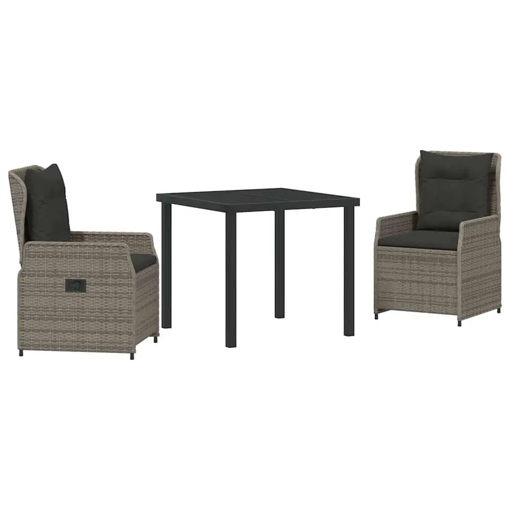 Outdoor Dining Set 3 Piece Grey Modern Rattan Table and Chairs Adjustable Backrest