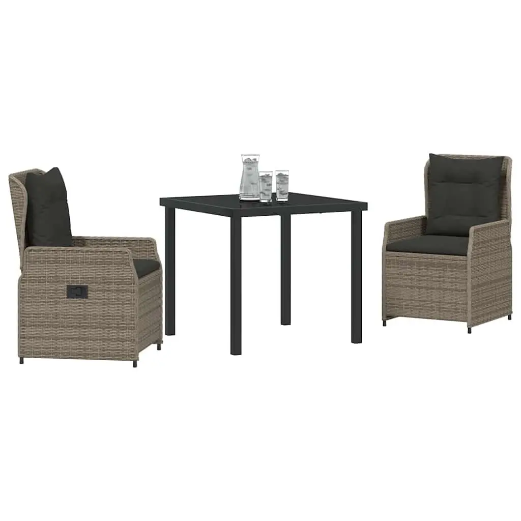 Outdoor Dining Set 3 Piece Grey Modern Rattan Table and Chairs Adjustable Backrest