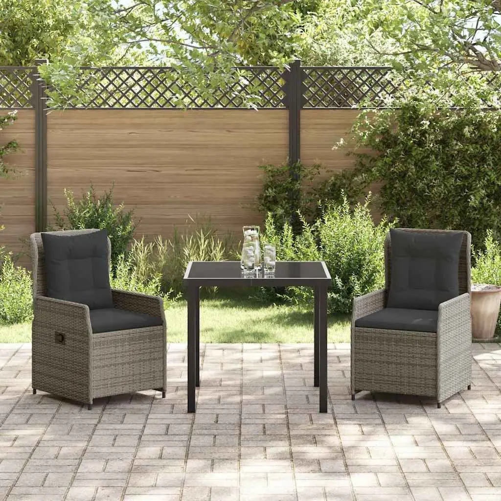 Outdoor Dining Set 3 Piece Grey Modern Rattan Table and Chairs Adjustable Backrest