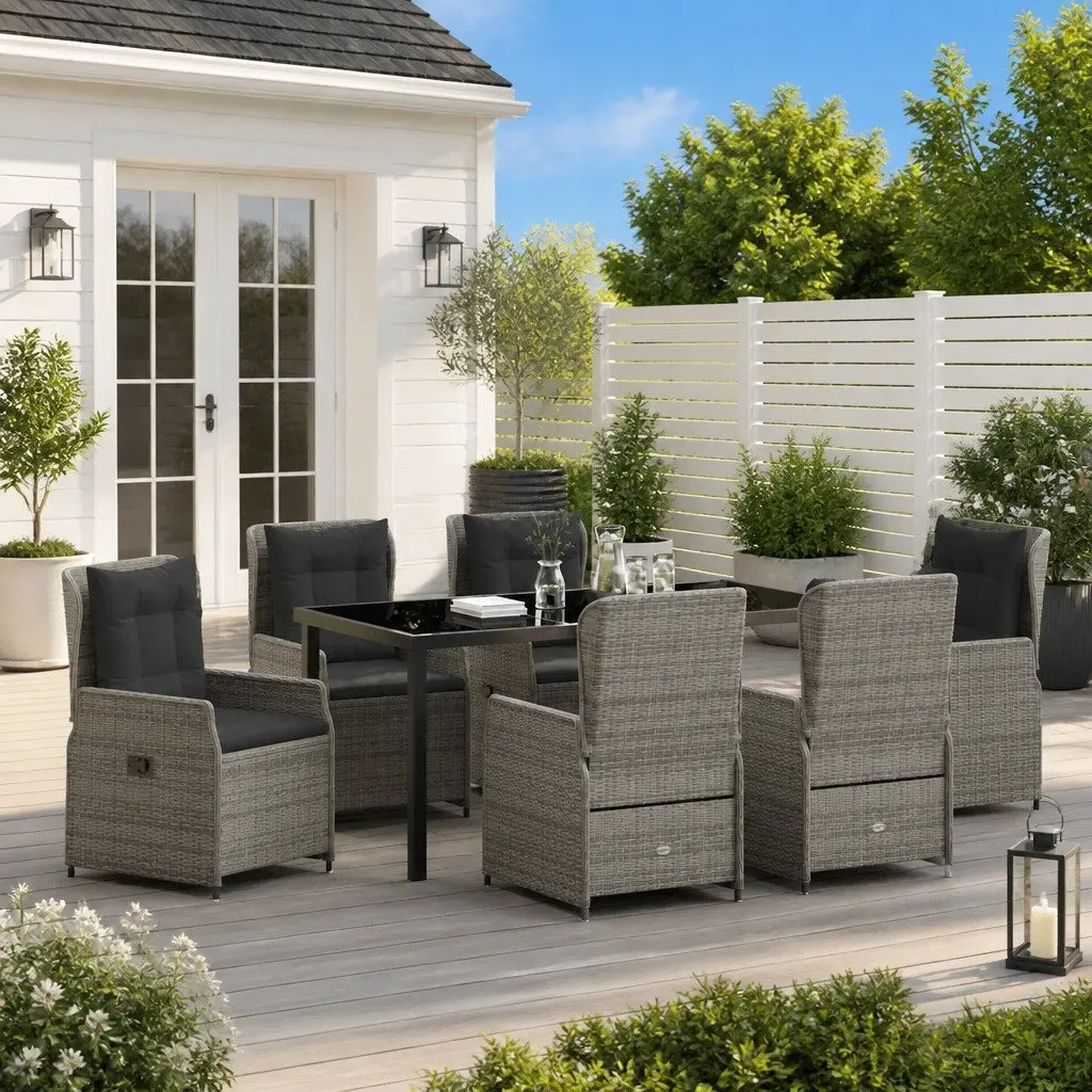 Outdoor Dining Set 7 Piece Grey Poly Rattan Garden Table Chairs with Adjustable Backrests and Tempered Glass Top