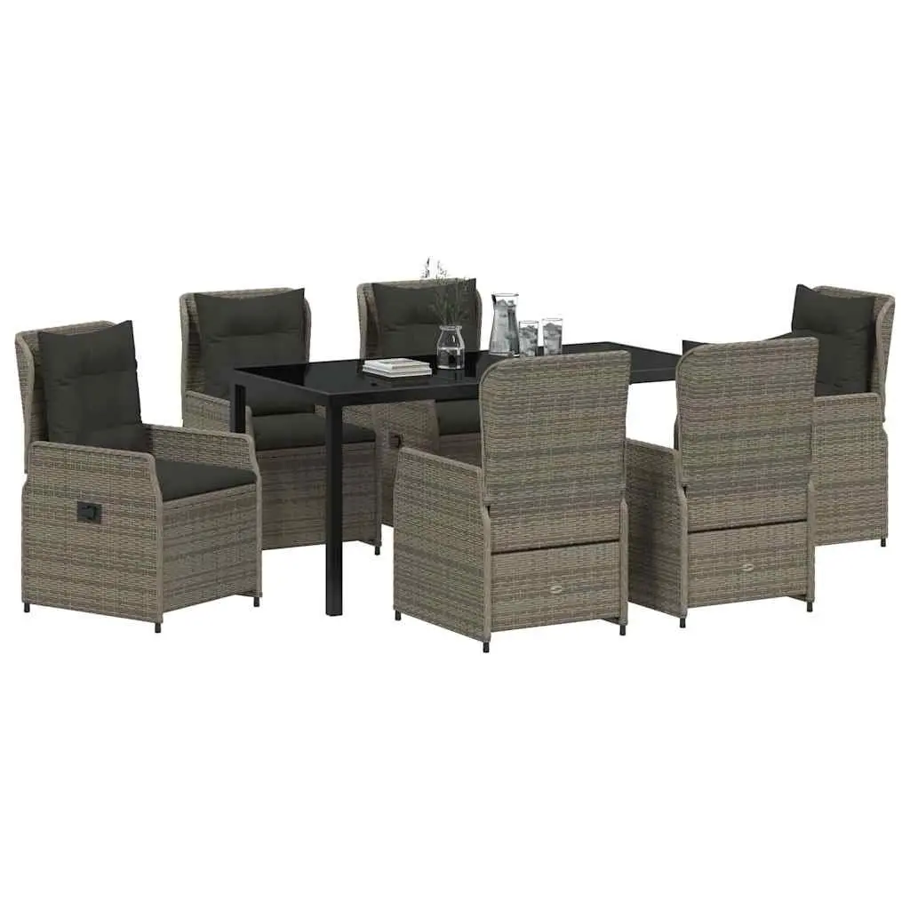 Outdoor Dining Set 7 Piece Grey Poly Rattan Garden Table Chairs with Adjustable Backrests and Tempered Glass Top