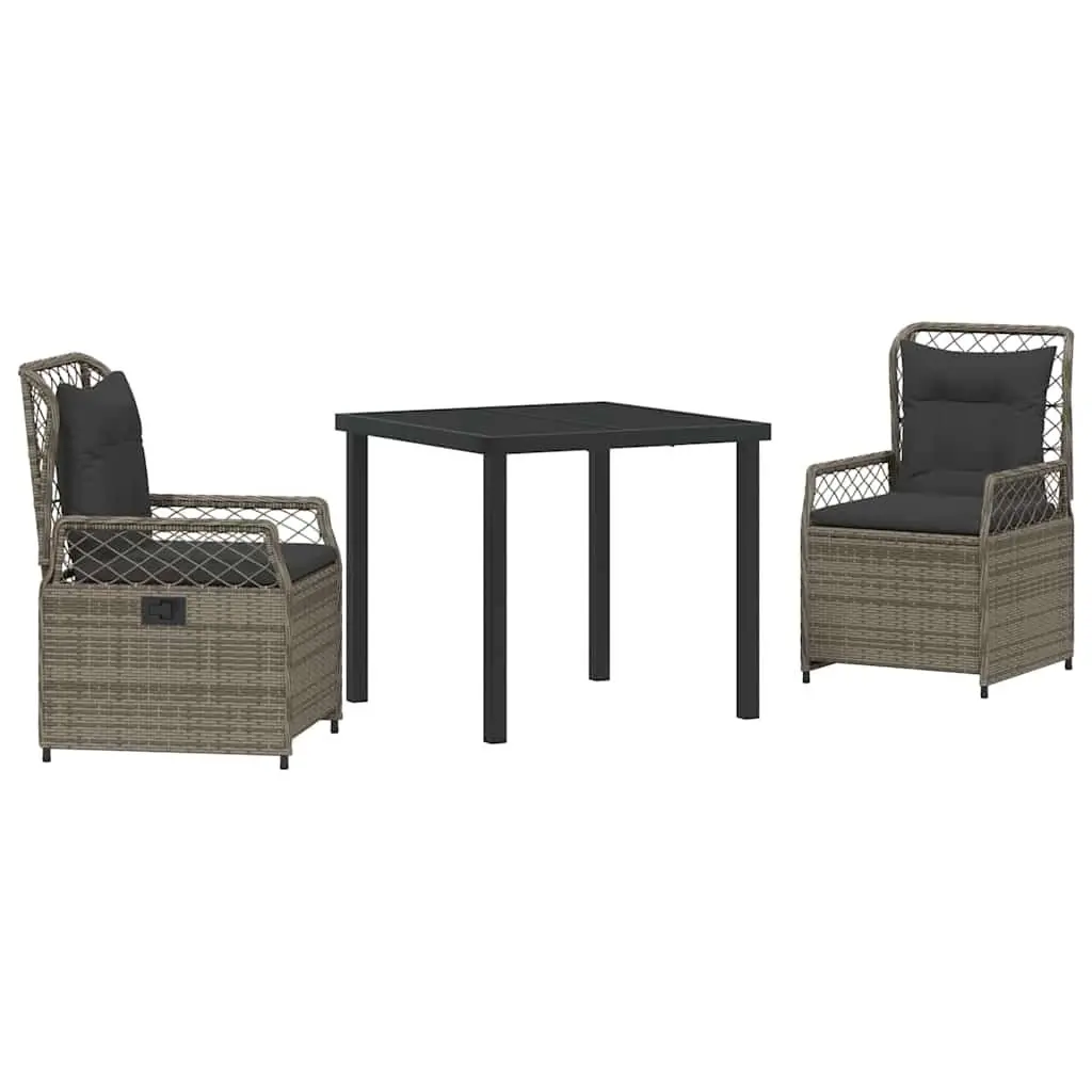 Outdoor Furniture Set 3 Piece Grey Poly Rattan Dining Table and Chairs with Tempered Glass Top and Foam Cushions