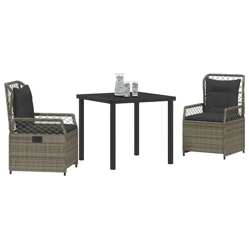 Outdoor Furniture Set 3 Piece Grey Poly Rattan Dining Table and Chairs with Tempered Glass Top and Foam Cushions
