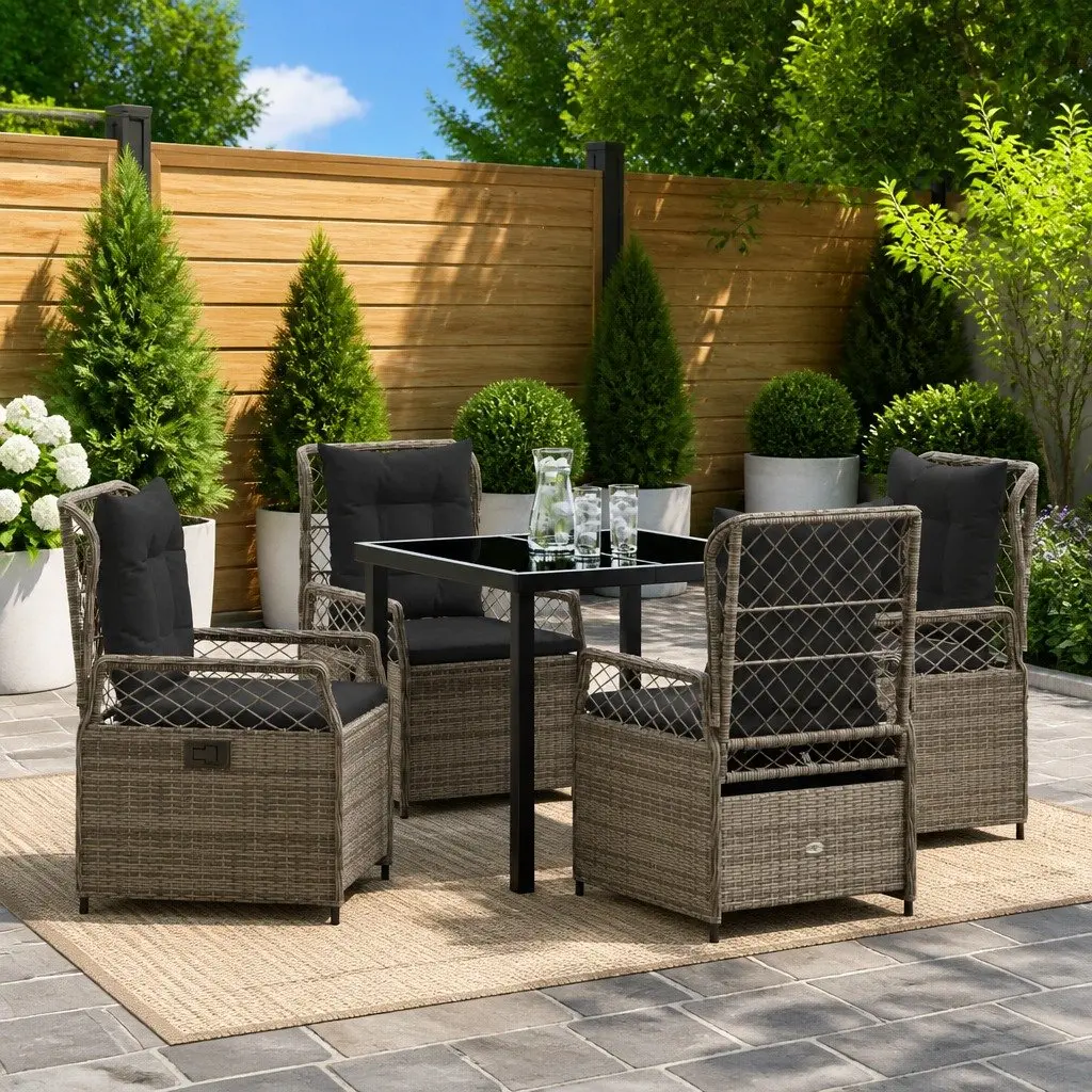 Outdoor Dining Set 5 Piece Grey Poly Rattan Table with Cushioned Chairs