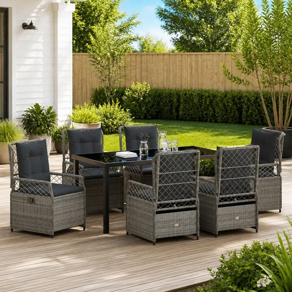 Garden Dining Set 7 Piece Grey Poly Rattan Weather Resistant Table Chairs