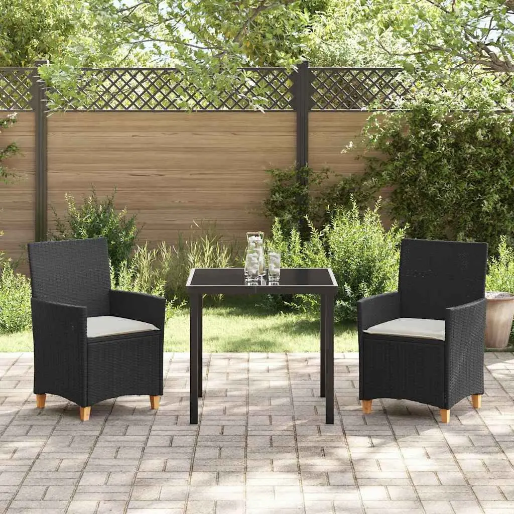 Garden Dining Set 3 Pieces Black Rattan Steel Weather-Resistant Outdoor Furniture Table Chairs