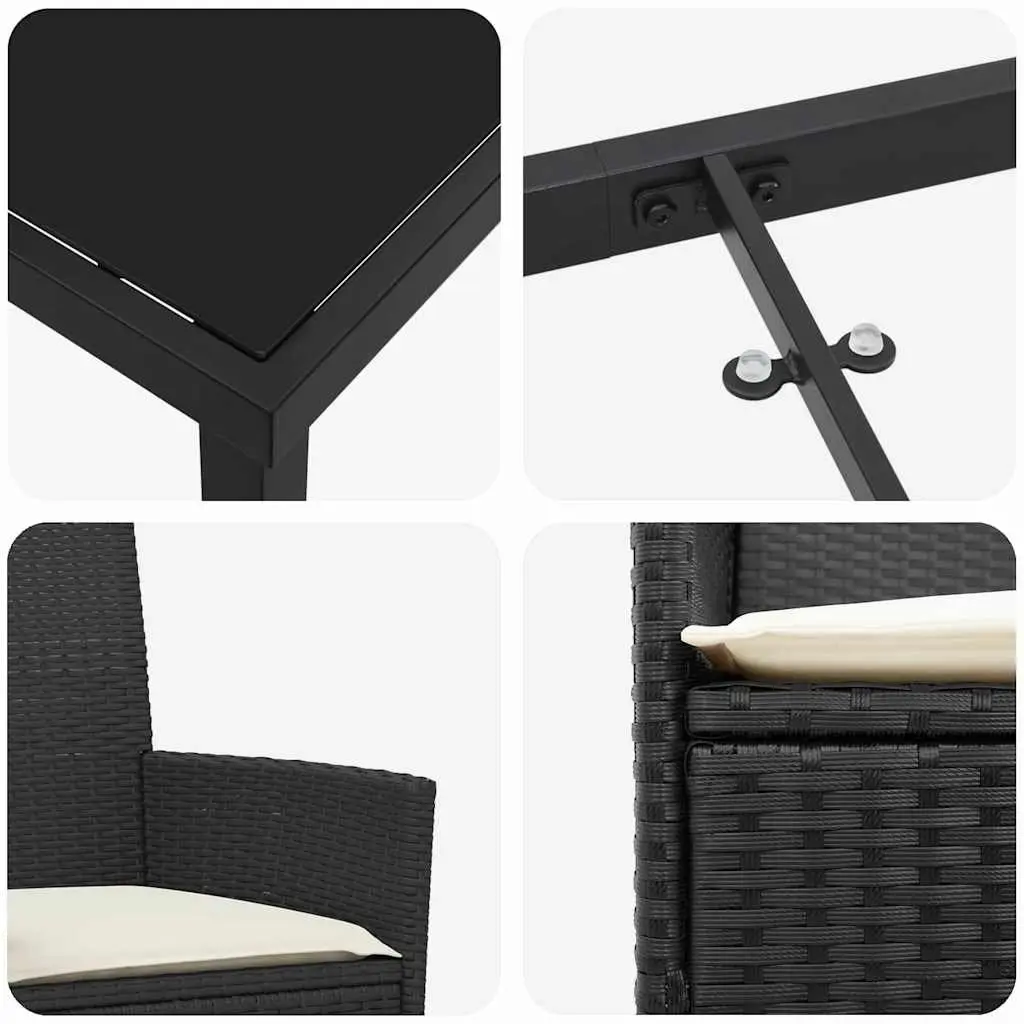 Garden Dining Set 3 Pieces Black Rattan Steel Weather-Resistant Outdoor Furniture Table Chairs