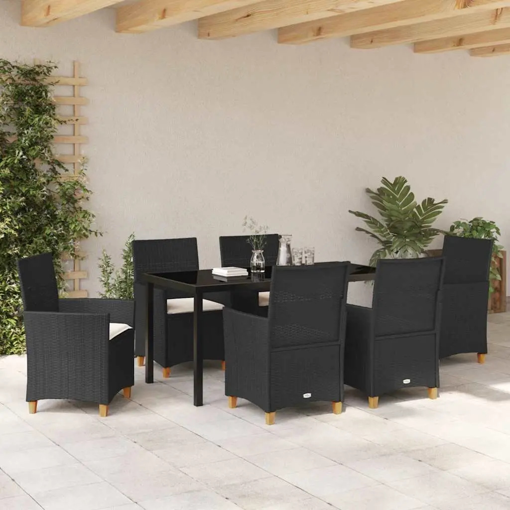 Garden Dining Set 7 Pieces Black Poly Rattan Steel Frame Glass Top Outdoor Furniture