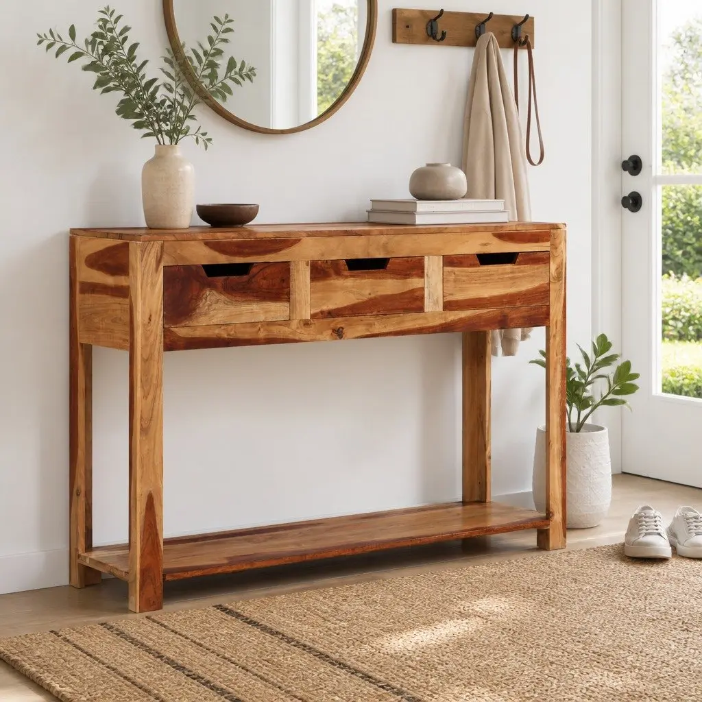 Wooden Console Table 110x35x75 cm Solid Acacia 3 Drawer Side Hallway End Table