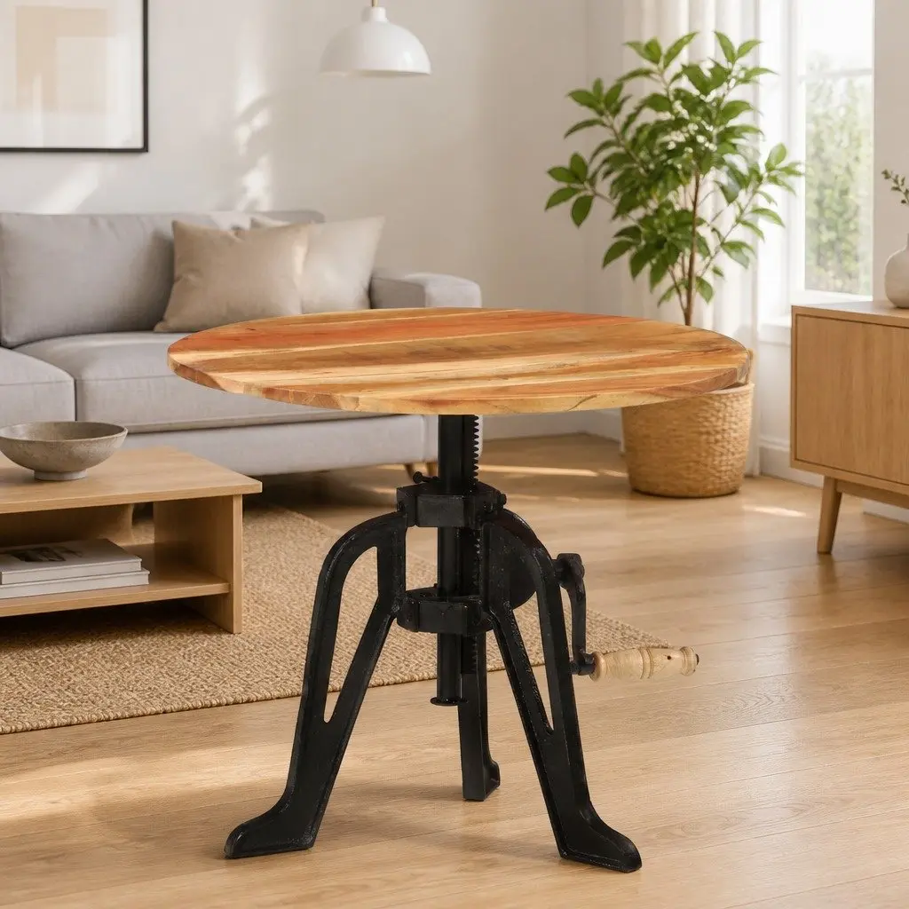 Adjustable Side End Table 60cm Solid Acacia Wood Cast Iron Height Adjustable Living Room Accent