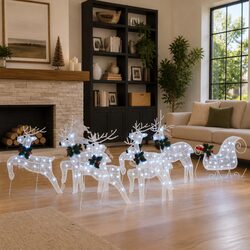 Art Deco LED Reindeer Set of 7 for Holiday Decor in White Fabric