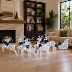 Art Deco LED Reindeer Set of 7 for Holiday Decor in White Fabric