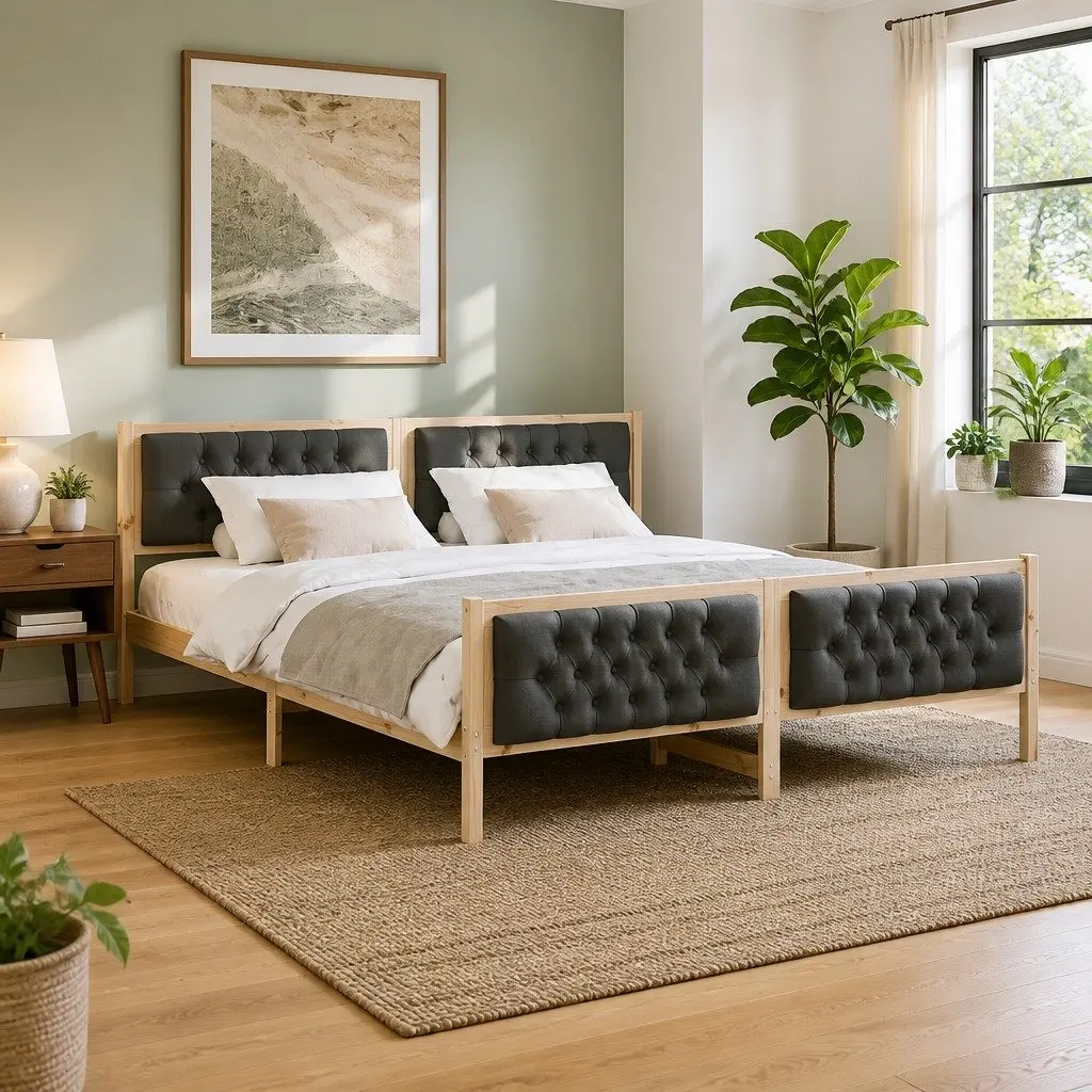 Bed Frame 180 x 200 cm Solid Pine Wood with Upholstered Headboard and Fixed Slatted Support