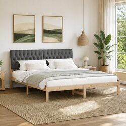 Brown Bed Frame with Upholstered Wall-Mounted Headboard Platform Slatted Base