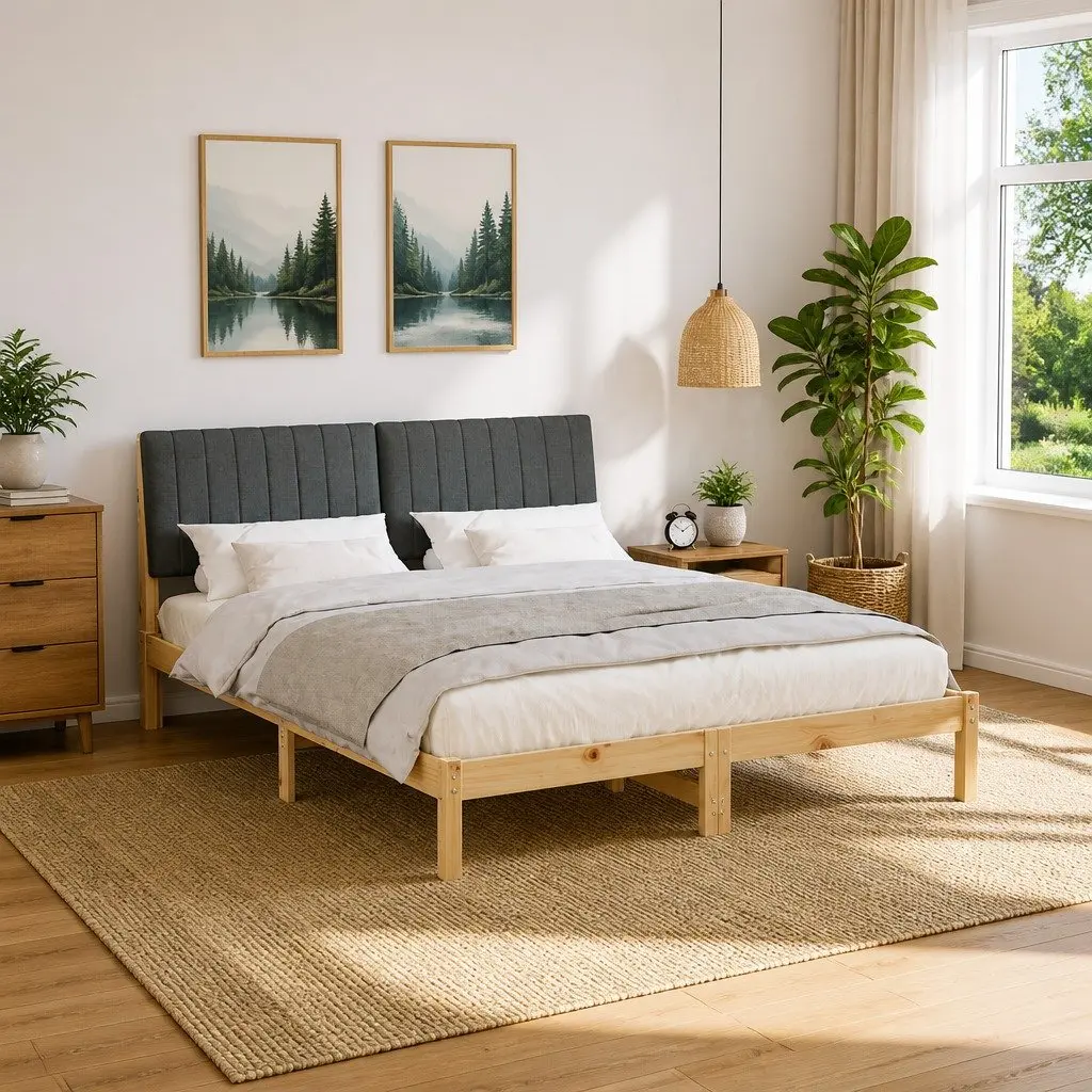 Bed Frame 150 x 200 cm Solid Pine Wood Upholstered Headboard