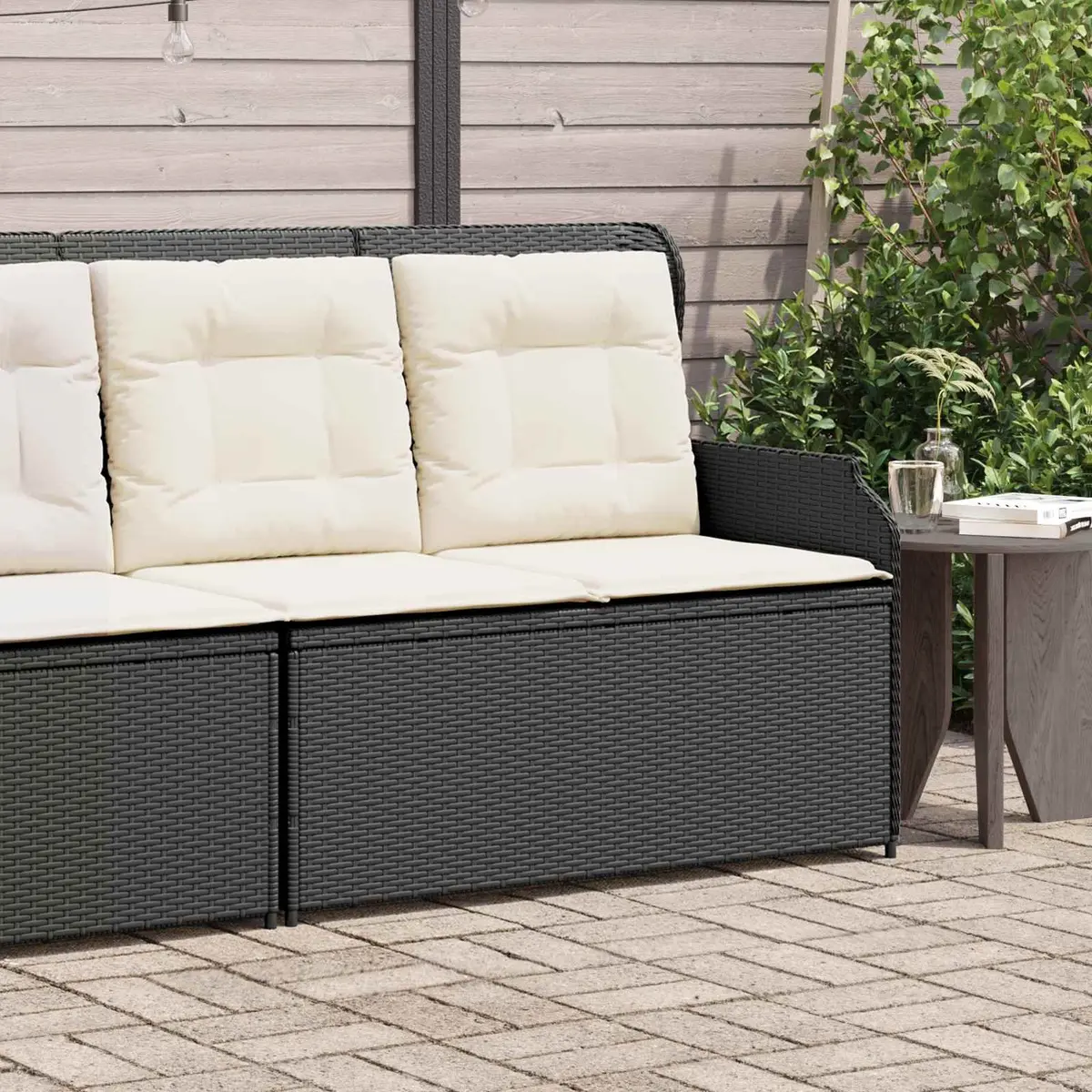 Garden Bench Black Poly Rattan Outdoor Furniture Reclining Seating with Cushion