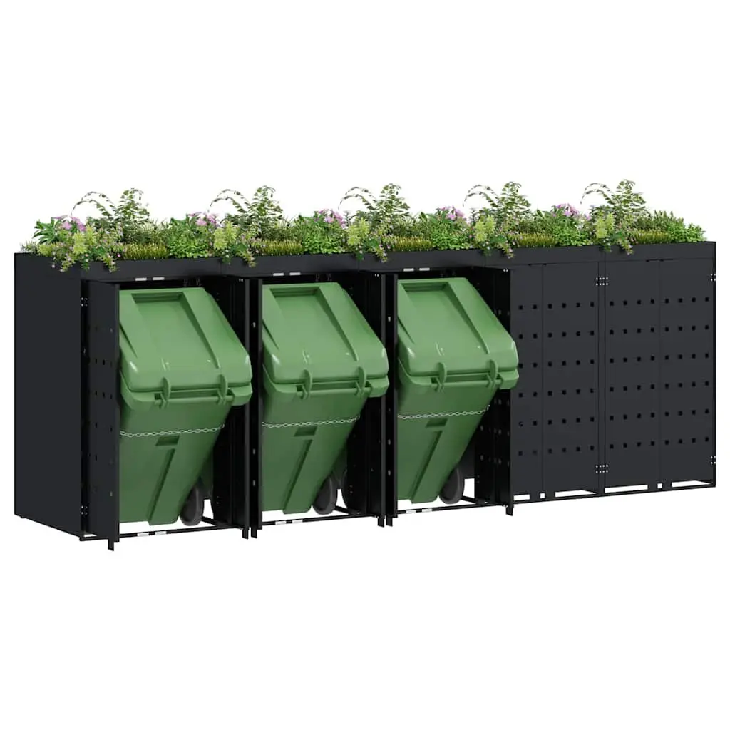 Wheelie Bin Storage 5 Bins Black Powder-coated Steel Outdoor Garden Waste with Planter Roof