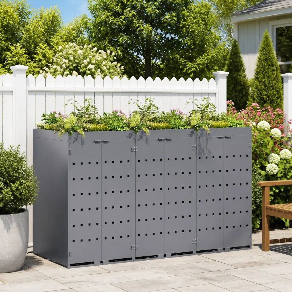 Wheelie Bin Storage Light Grey Outdoor Garden Waste Container with Planter Roof for 3 Bins