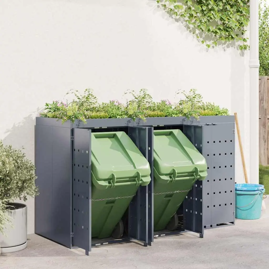 Wheelie Bin Storage Light Grey Outdoor Garden Waste Container with Planter Roof for 3 Bins