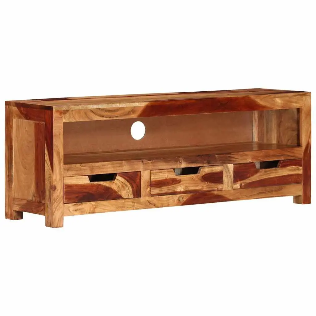 Solid Wood TV Cabinet 110cm Brown Acacia Entertainment Unit with 1 Shelf and 3 Drawers