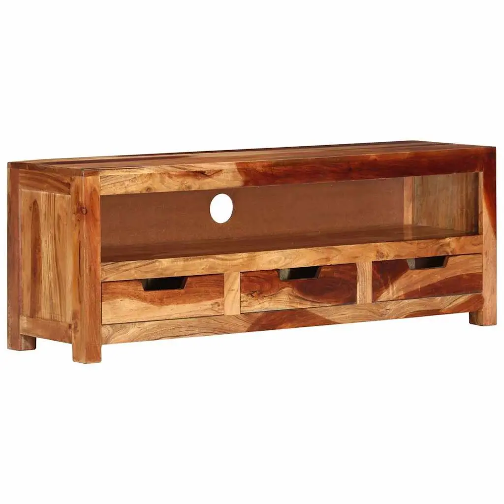 Solid Wood TV Cabinet 110cm Brown Acacia Entertainment Unit with 1 Shelf and 3 Drawers