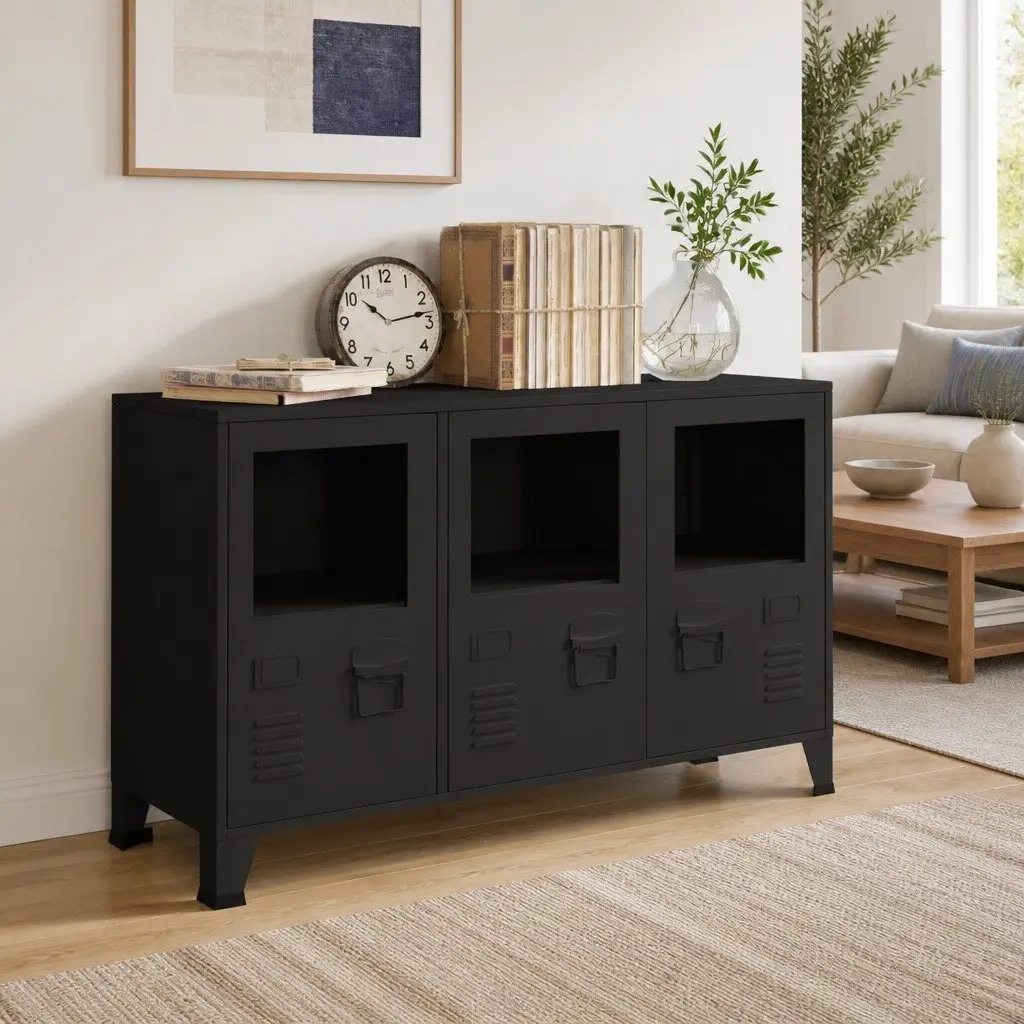 Industrial Sideboard 105x35x62 Black Metal Glass Door Storage Cabinet