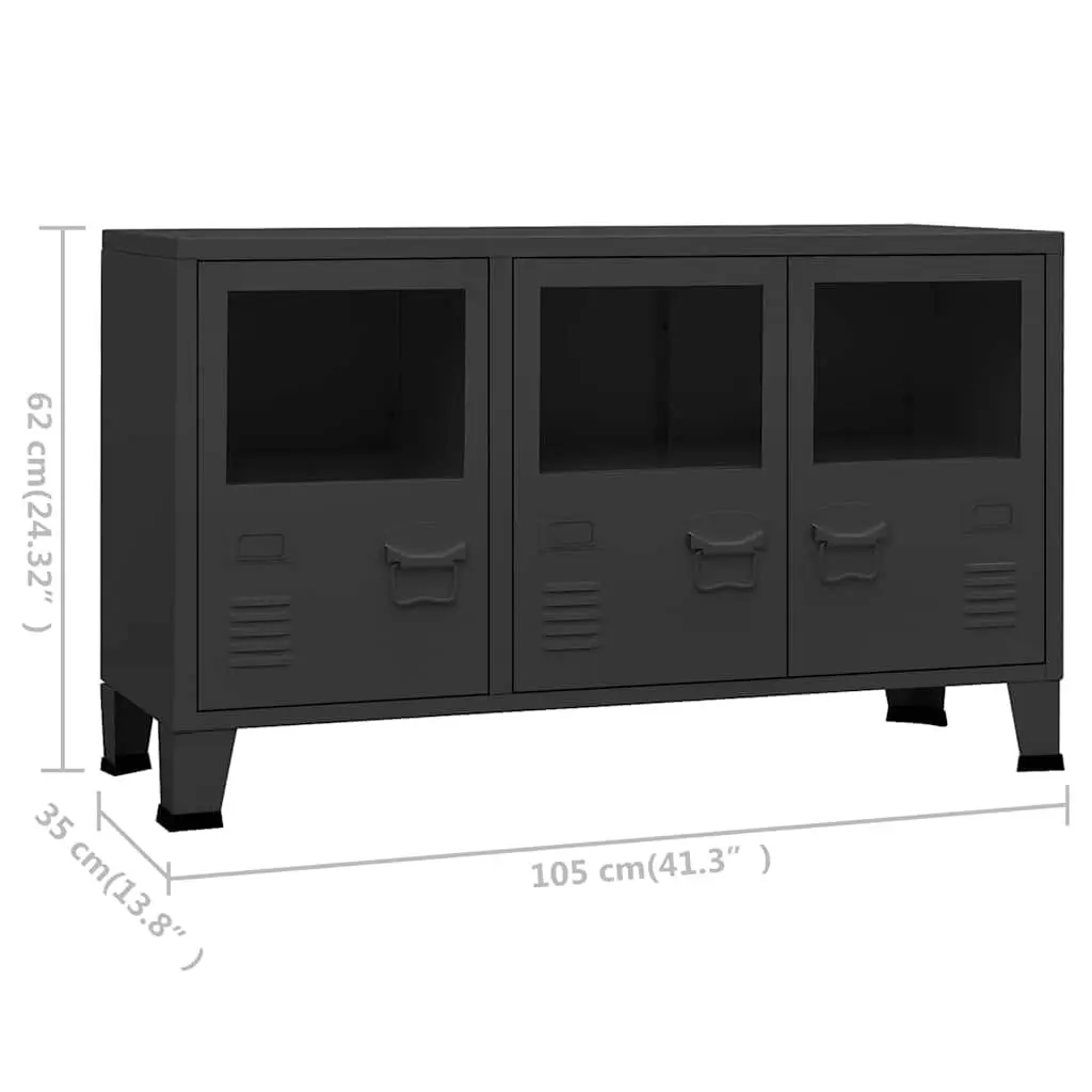 Industrial Sideboard 105x35x62 Black Metal Glass Door Storage Cabinet