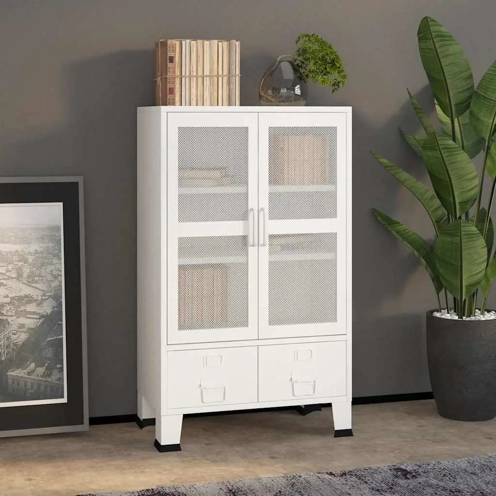 Industrial Storage Chest 70x40x115cm White Metal Cabinet with 2 Shelves 2 Drawers and Mesh Doors