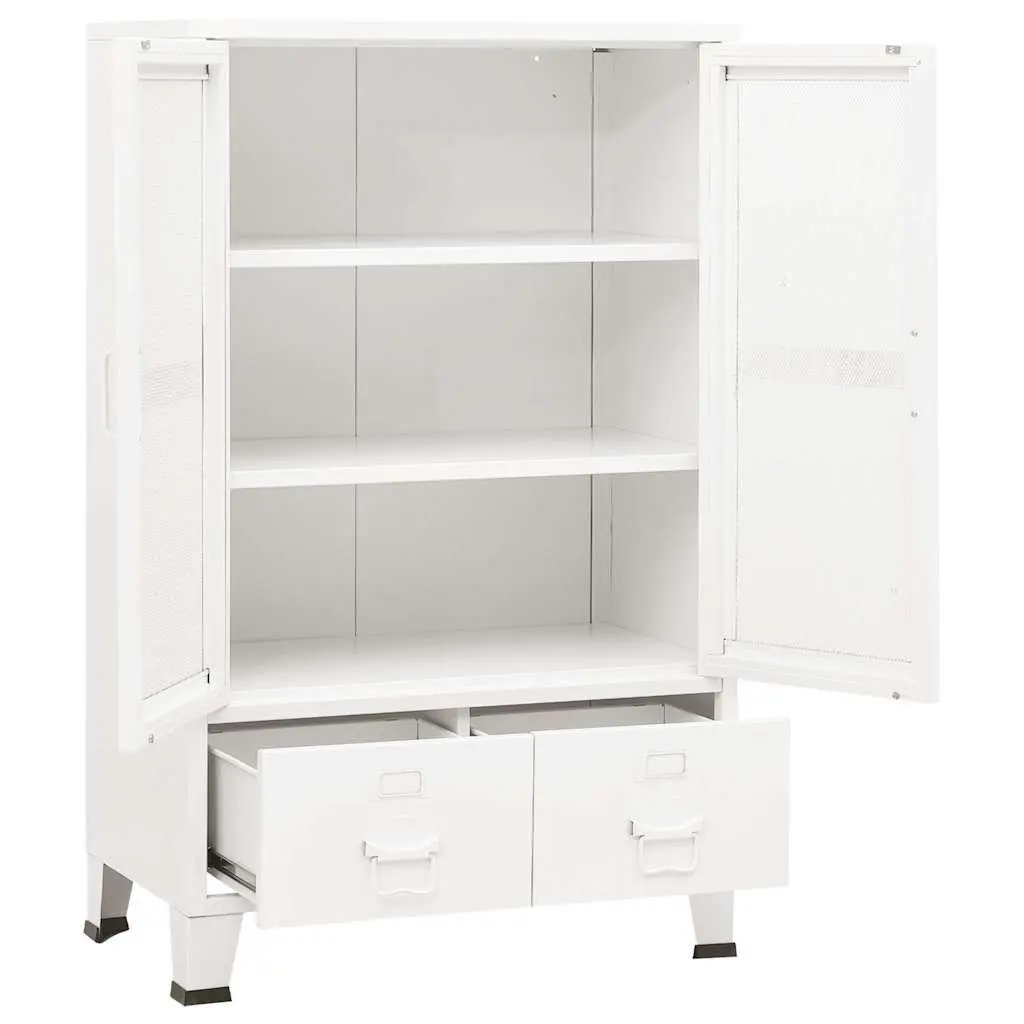 Industrial Storage Chest 70x40x115cm White Metal Cabinet with 2 Shelves 2 Drawers and Mesh Doors