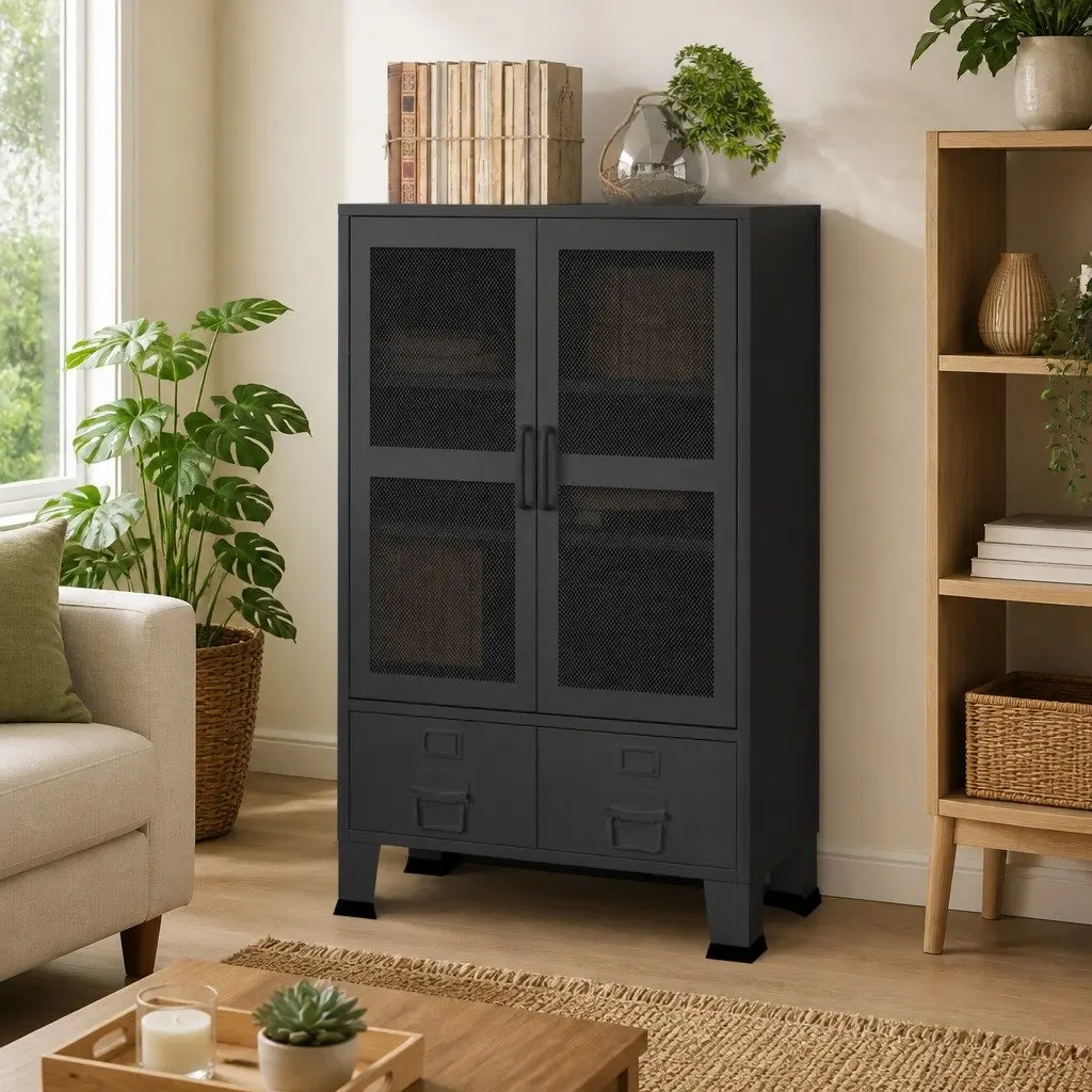 Metal Storage Chest 2 Drawers 2 Shelves Mesh Doors Anthracite