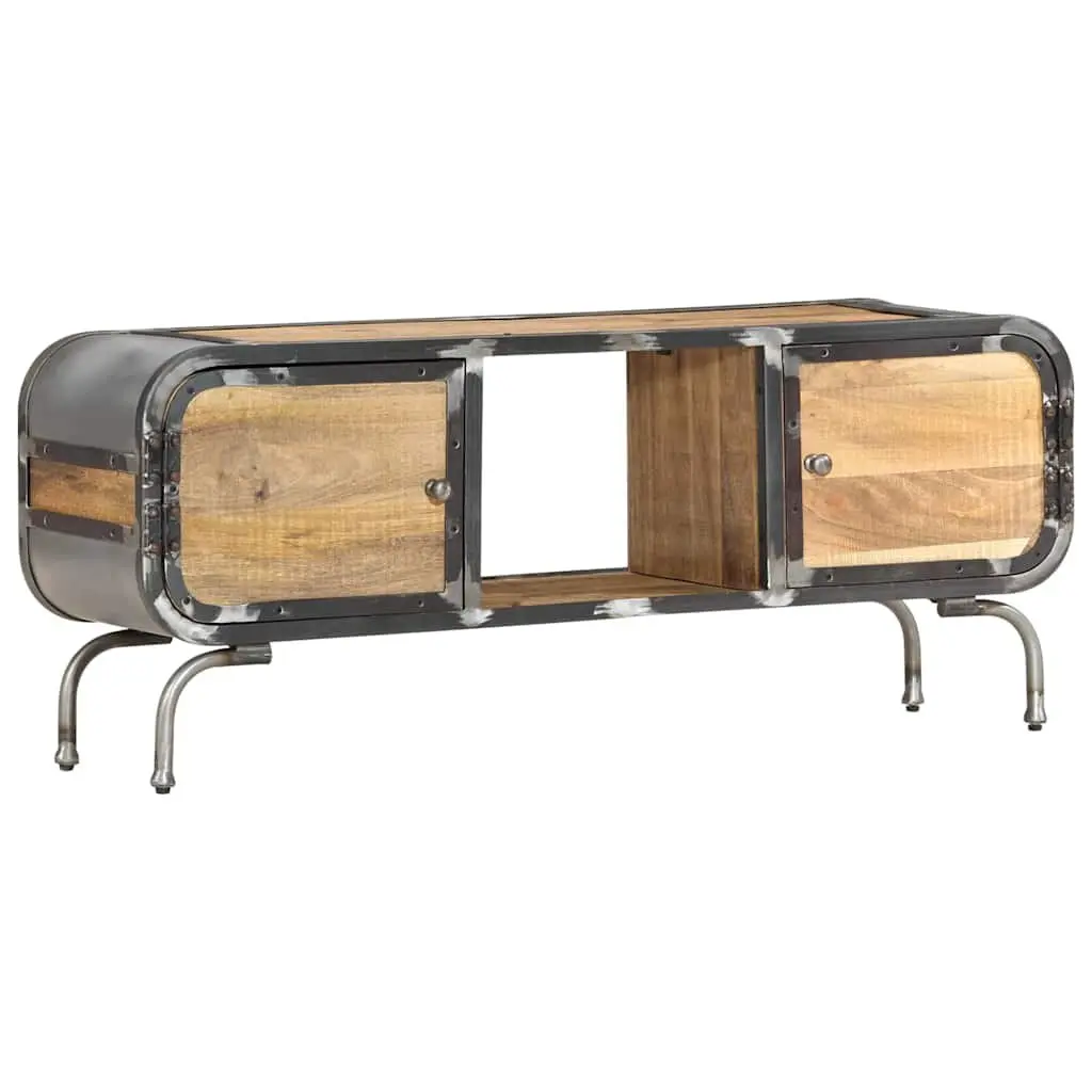 TV Cabinet 110x30x42 cm Solid Mango Wood with Iron Frame 2 Compartments and 1 Shelf Brown