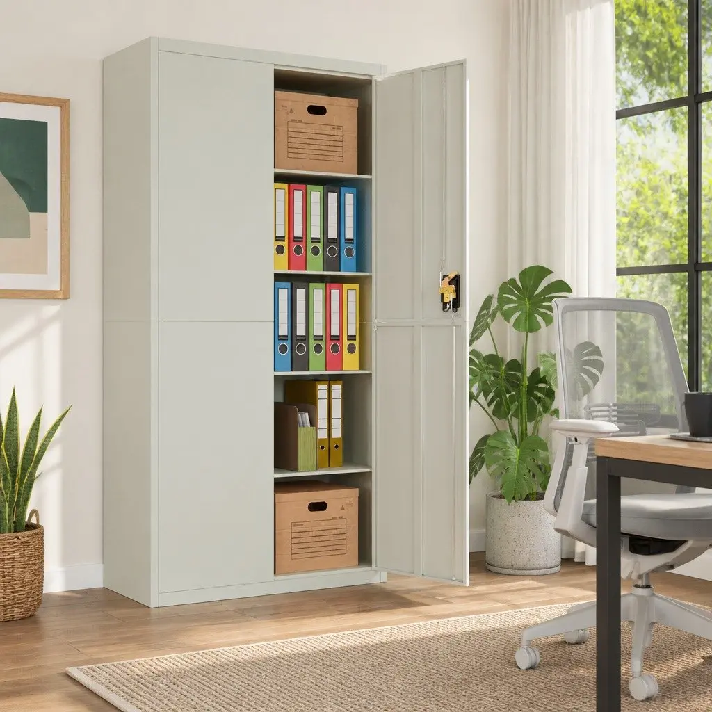 File Cabinet Grey Steel Adjustable Shelves Lockable Storage Cupboard