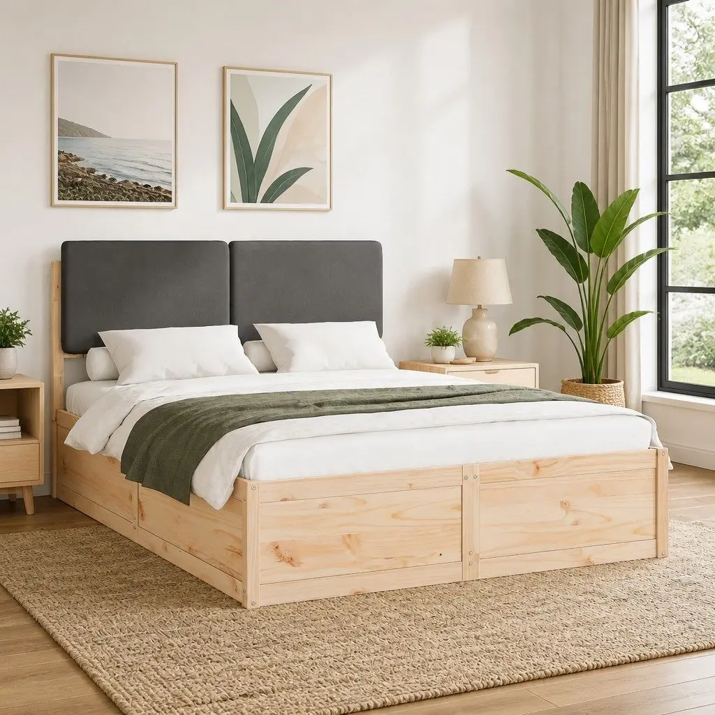 Bed Frame 150 x 200 cm Upholstered Headboard Grey Wooden Platform Slats