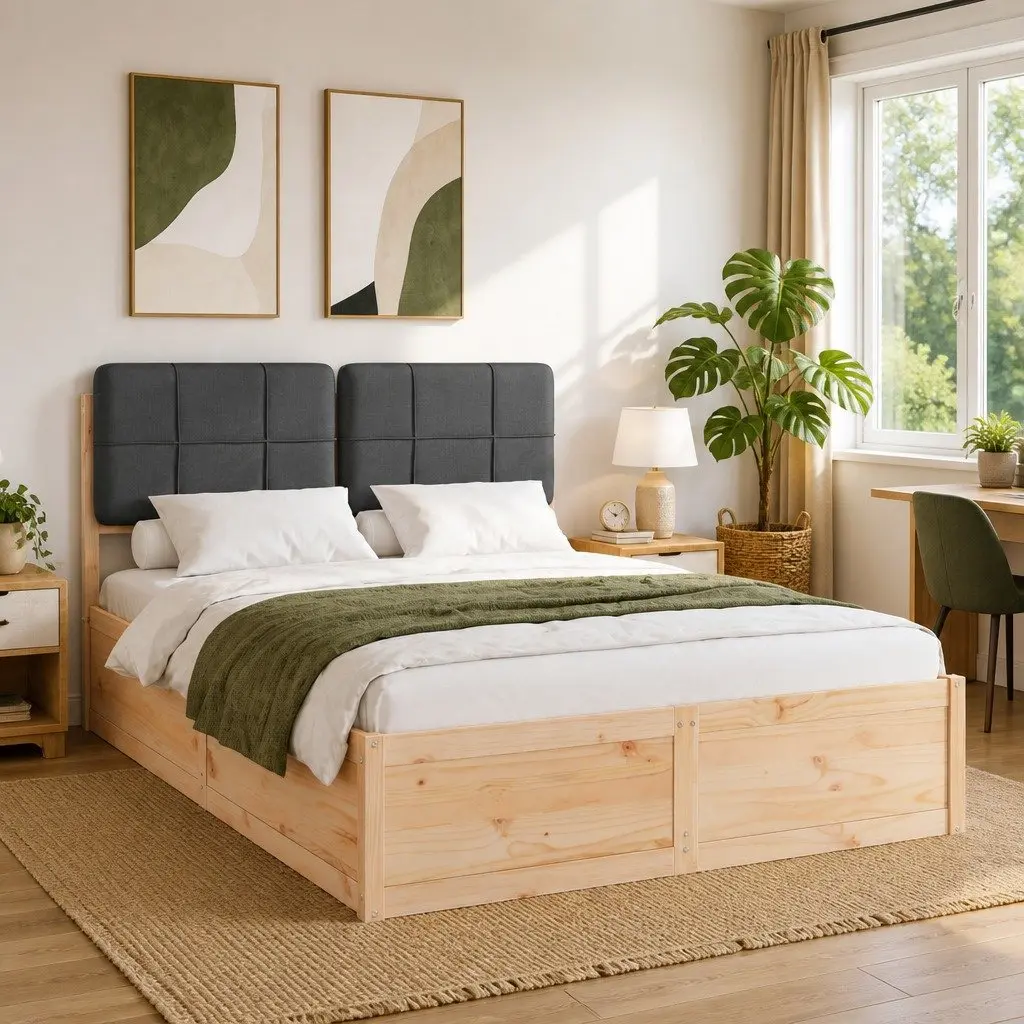 Bed Frame 150 x 200 cm Upholstered Headboard Grey Modern Wooden Platform