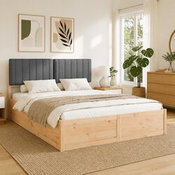 Wooden Bed Frame with Upholstered Headboard Platform Slatted Base Grey 150x200cm