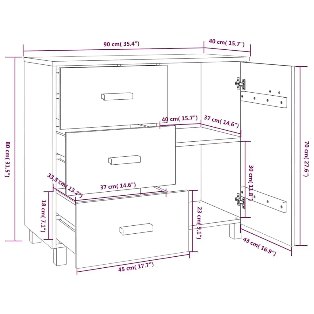 Solid Pinewood Sideboard Storage Cabinet Grey with Door and Sliding Drawers